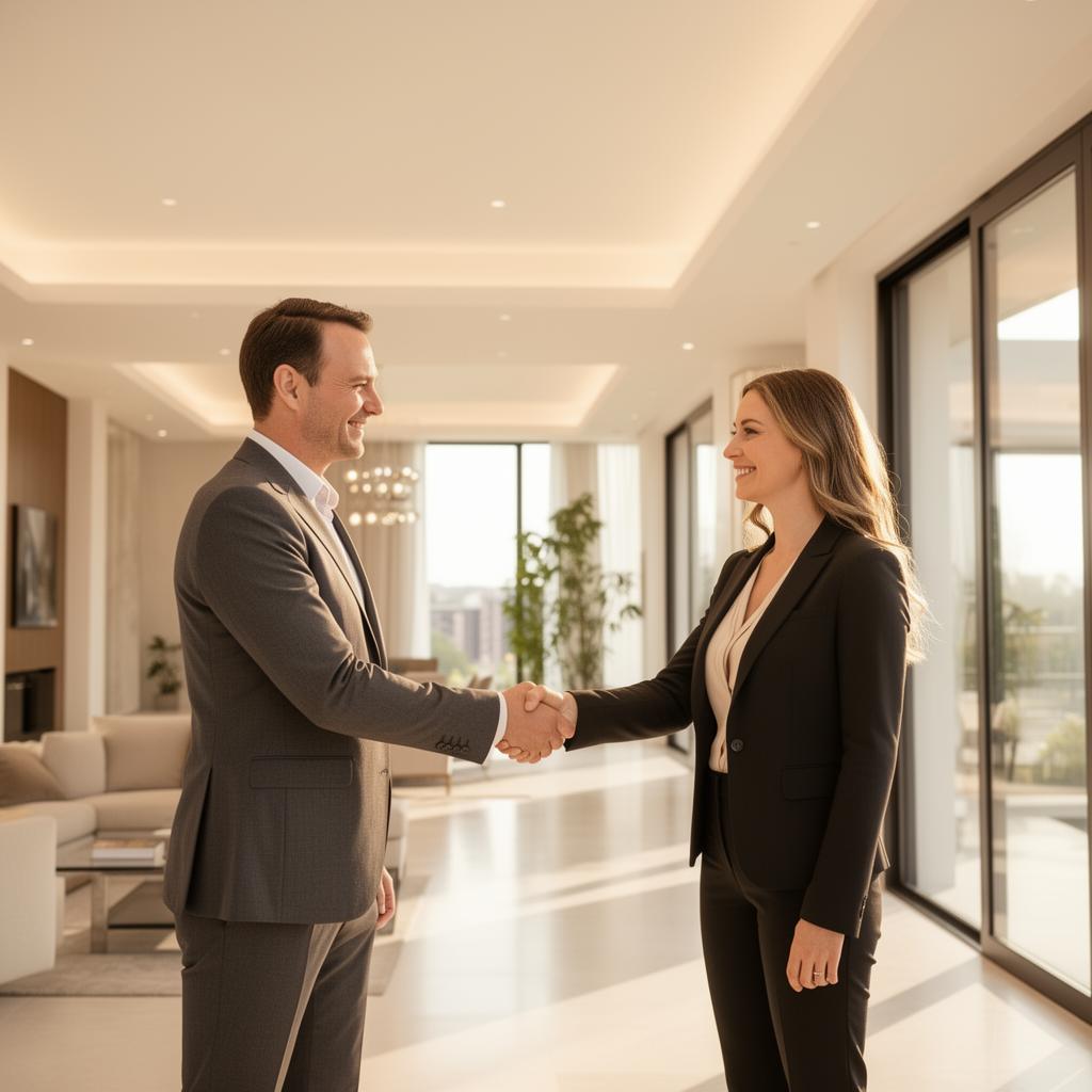 Real estate professionals closing a successful deal in a luxury property