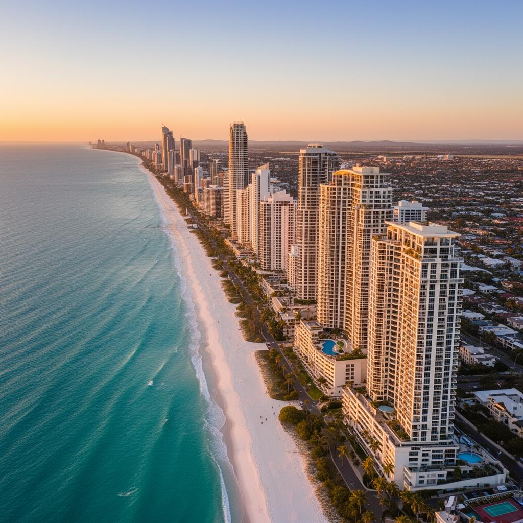 Gold Coast skyline at golden hour with luxury high-rise apartments along the coastline